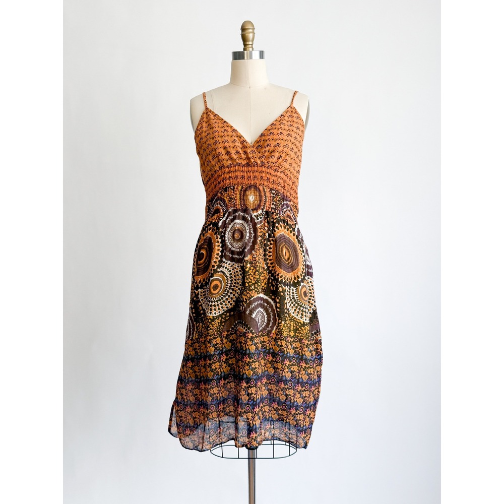 etc. Midi Dress Y2K Boho Medallion Print Smocked Empire Waist M Orange Cotton‎